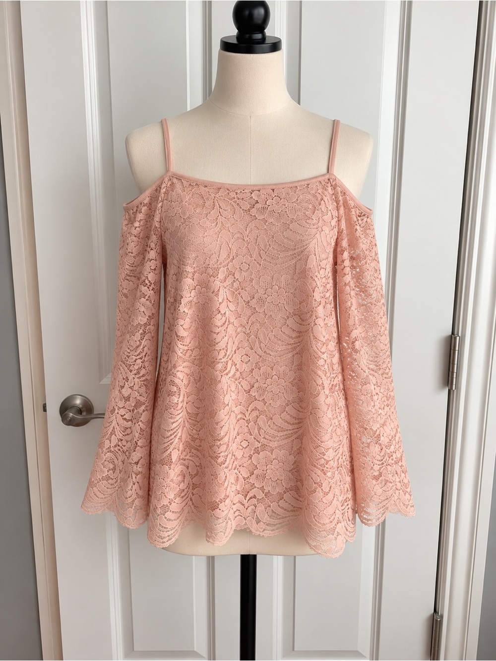New York & Company Blush Lace Cold-Shoulder Spaghetti Strap Top
